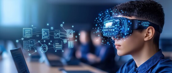 A boy wearing a virtual reality headset, immersed in digital technology and innovative learning experiences in a modern classroom.