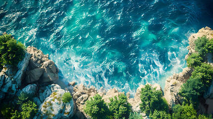 Fototapeta premium Aerial view of the ocean rocky shore 