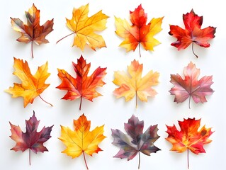 Fototapeta premium Vibrant Maple Leaves in Autumn Colors Scattered on White Background for Seasonal Aesthetic