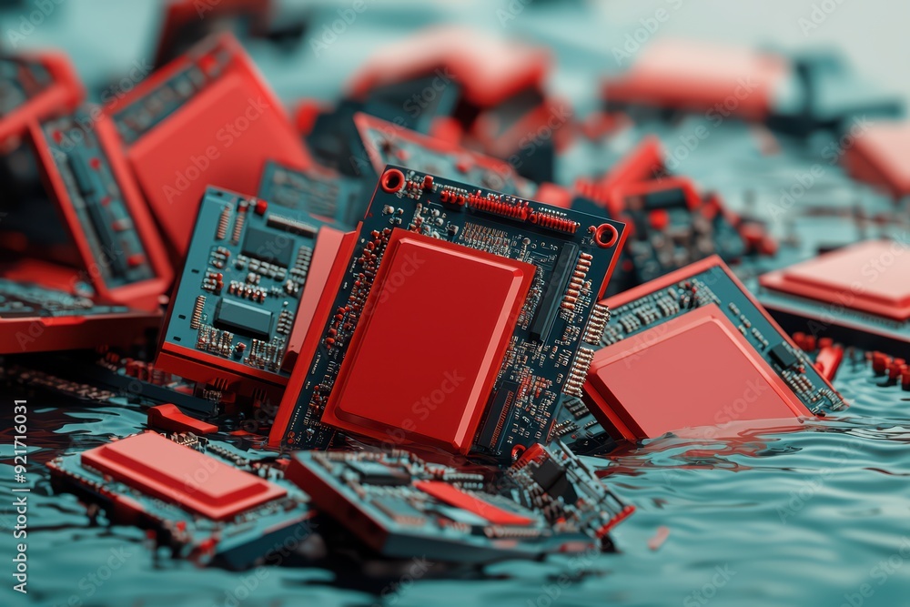 Poster a captivating close-up of red computer chips submerged in liquid, showcasing intricate circuitry and