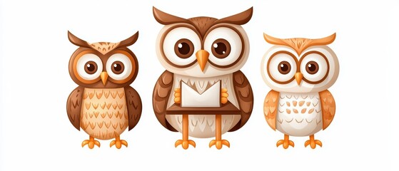 Fototapeta premium A cheerful trio of cute cartoon owls, featuring distinct colors and expressions, perfect for educational or decorative themes.