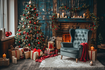 Obraz premium Christmas greeting card with bright winter holiday composition and New Year background