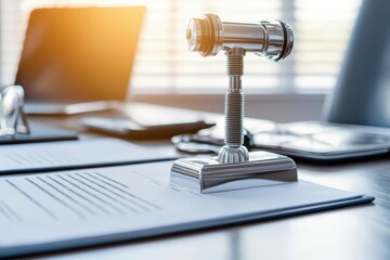 A close-up of a gavel on a desk with legal documents, symbolizing justice and decision-making in a courtroom setting.