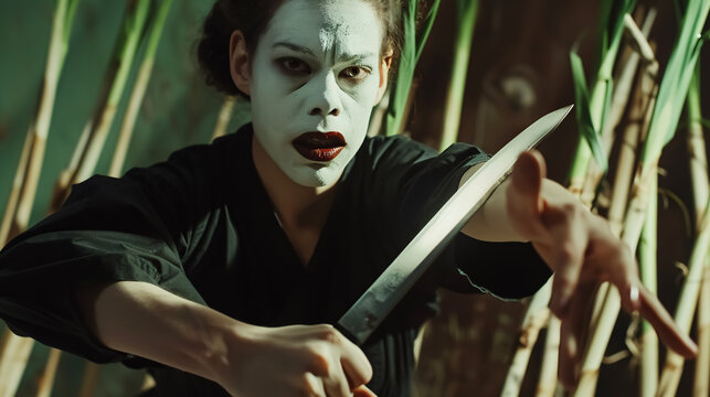 Young Female Mime Artist with Knife and Leeks Performing Martial Arts Pose: A young female 