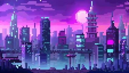 Neon cyberpunk cityscape at night pixel art background. 8-bit game assets