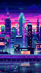 Neon cyberpunk cityscape at night pixel art background. 8-bit game assets
