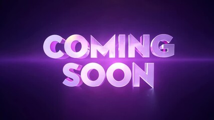 COMING SOON in bold, shiny  letters with a glowing purple light effect, set against a dark background, conveying anticipation and excitement for an upcoming event or release