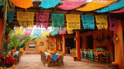 Colorful Decorated Patio with Wooden Tables and Chairs