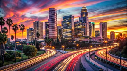 Obraz premium Vibrant orange and pink hues illuminate the LA cityscape as the sun sets behind towering skyscrapers, capturing the dynamic energy of the city with streaks of light trails.