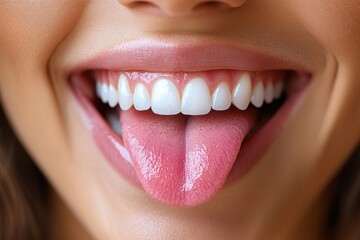 Fototapeta premium Close-Up of a Woman Sticking Out Her Tongue with White Teeth – Playful Expression in High-Resolution Photography