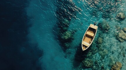 Obraz premium A tranquil top view of the open sea, with a small boat anchored near a coral patch. Ample copy space surrounding the scene.