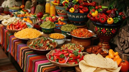 Naklejka premium A Colorful Spread of Mexican Cuisine with Tortillas and Various Ingredients