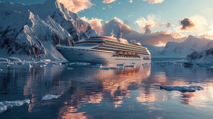 Luxurious cruise ship sailing through icy Alaskan waters generated with AI