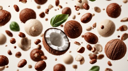 Fototapeta premium A collection of floating nuts, featuring a halved coconut, showcasing textures, colors, and natural beauty in a minimalist setting.