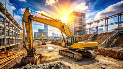 Fototapeta premium Large yellow excavator digs into earth at busy construction site surrounded by heavy machinery, dirt, and steel beams on a sunny day.