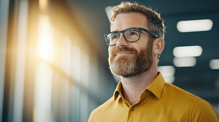 Obraz premium A confident man with glasses smiles in a bright office setting, exuding positivity and professionalism.