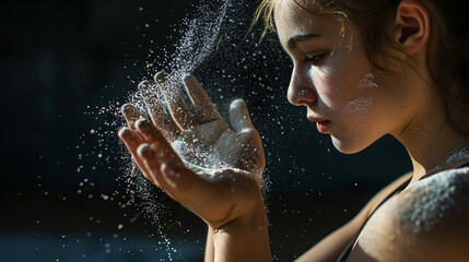 Young Gymnast Applying Powdered Chalk to Her Palms: A young gymnast applying powdered 