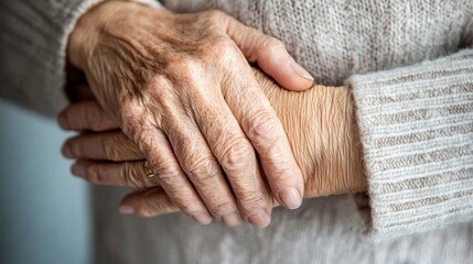 Fototapeta premium Close-up of two aged hands gently embracing, symbolizing love, care, and connection between generations.