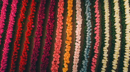 Obraz premium Aerial view of a field of blooming tulips, creating colorful rows. Copy space above.