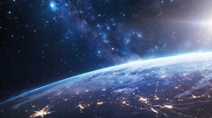 Earth's Curve with Starry Sky and Sun Rays