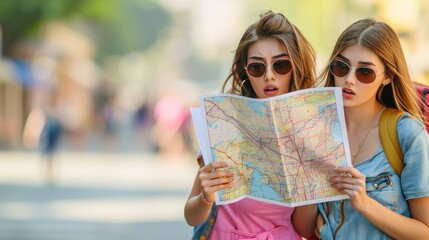 Two Women Confusedly Looking at a Map in a Busy City, pausing to study a map. The women wear sunglasses and have expressions of confusion or concern as they try to navigate their surrounding
