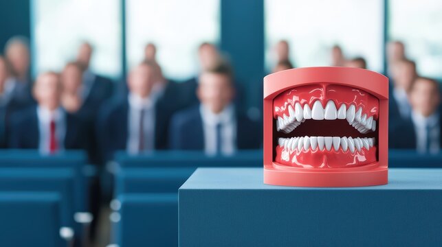 A dental model displayed during a presentation, highlighting oral health education to an engaged audience in a conference setting.