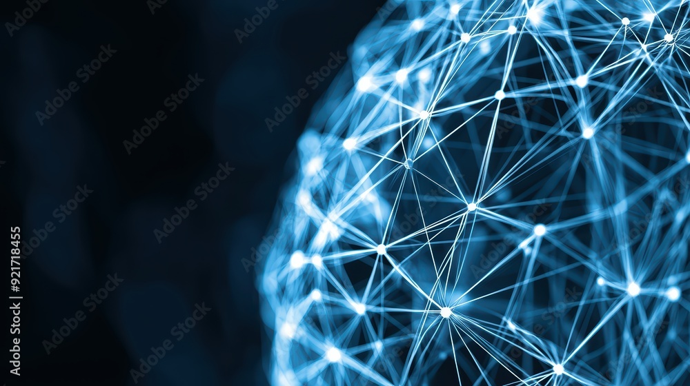 Poster a digital network sphere with glowing blue nodes and connections, representing data exchange and tec