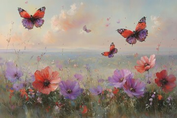 Obraz premium artwork captures the beauty of nature as colorful butterflies dance above a vibrant field of blooming wildflowers.