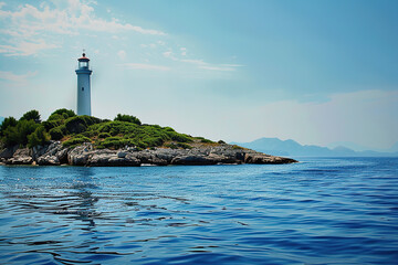 Generative ai on theme of large retro lighthouse with beam of bright light shining out to blue sea