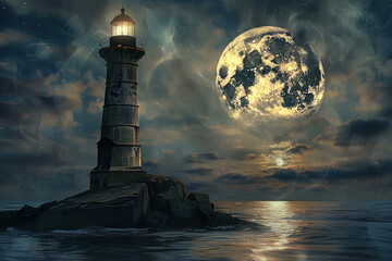Generative ai on theme of large retro lighthouse with beam of bright light shining out to blue sea