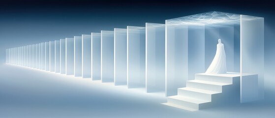 A ethereal scene featuring a figure in a flowing gown, emerging from a series of translucent steps and columns in a misty atmosphere.