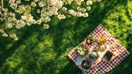 Aerial view of a springtime picnic in a park, with blankets and baskets. Copy space in the grass.