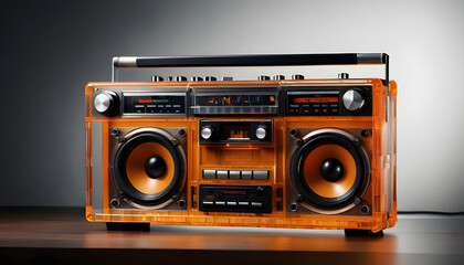 Fototapeta premium Retro outdated portable cassette tape recorder from 80s audio tape on wooden table front mint White wall background