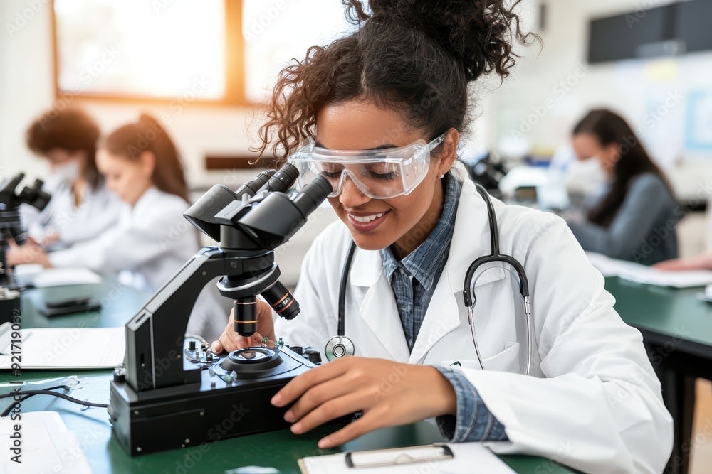 Poster a focused scientist examining samples using a microscope in a laboratory setting, showcasing dedicat