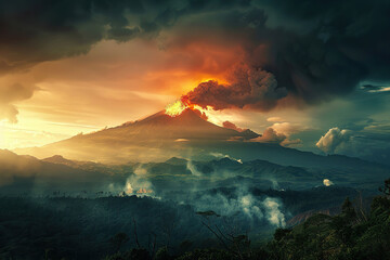 Generative ai on theme of erupting volcano with cascading hot lava surrounded thick white smoke