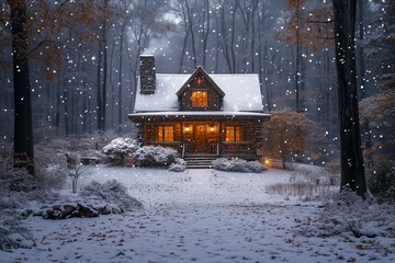 Illustrate a cozy mountain lodge with soft, warm lighting and gentle, falling snow --chaos 40 --ar 3:2 --stylize 400 --v 6.1 Job ID: 43a42eb8-18e0-4067-91fc-0078268f33d1