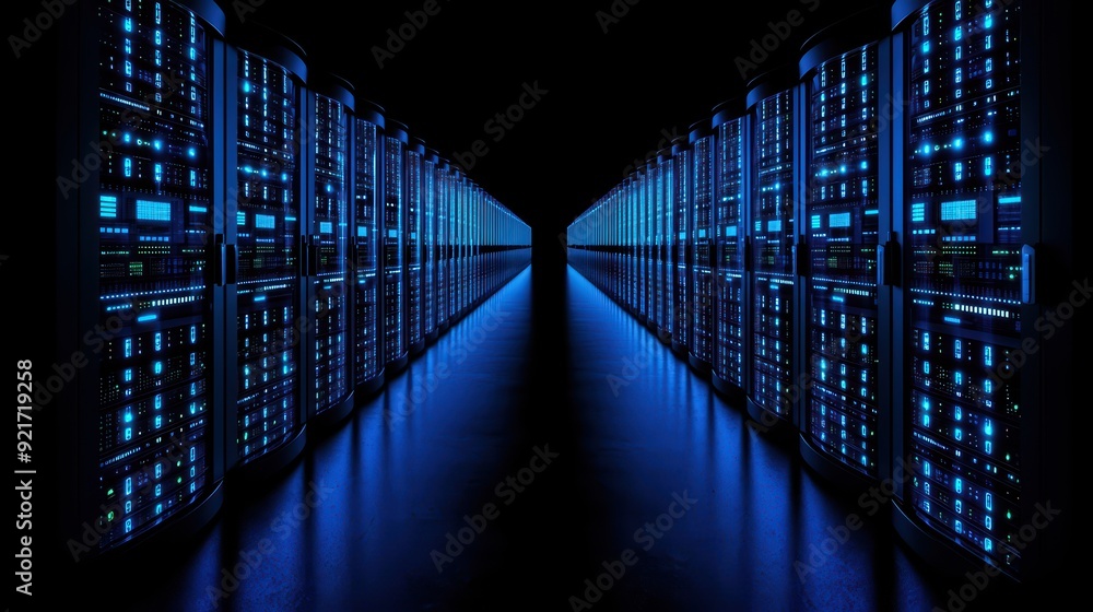 Poster a futuristic data center with blue lighting illuminating rows of server racks, showcasing advanced t