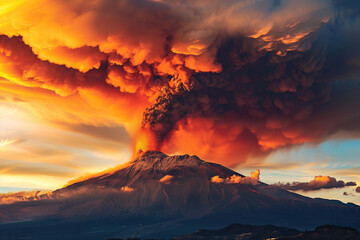 Fototapeta premium Generative ai on theme of erupting volcano with cascading hot lava surrounded thick white smoke