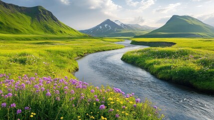 Serene River Winding Through a Lush Meadow