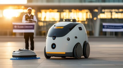 Obraz premium A futuristic scene of a robotic helper alongside a maintenance worker at an airport, showcasing innovation in technology.