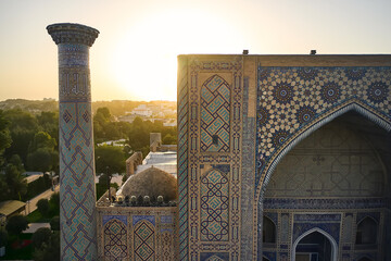 Aerial view of Registan Square during sunset in Samarkand city, Uzbekistan 