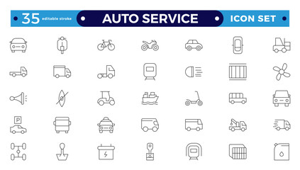Auto service icon set. Car garage icons set. Auto service, tools, screwdriver, wrench, hammer, gear, car, repair, engine and more. Editable stroke outline icon. 