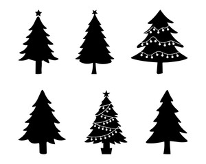 Black and White Christmas Tree Silhouette Vector Set with Festive Lights
