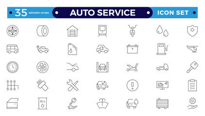 Auto service icon set. Car garage icons set. Auto service, tools, screwdriver, wrench, hammer, gear, car, repair, engine and more. Editable stroke outline icon. 