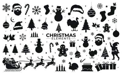 Vector set of Christmas Elements silhouettes. Santa Claus, sleigh, reindeer, tree, elf, gingerbread, candy cane, snowman, stocking, hat, bells, turkey etc