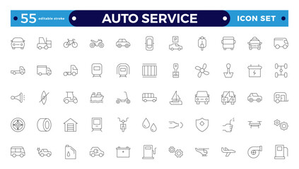 Auto service icon set. Car garage icons set. Auto service, tools, screwdriver, wrench, hammer, gear, car, repair, engine and more. Editable stroke outline icon. 