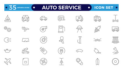 Auto service icon set. Car garage icons set. Auto service, tools, screwdriver, wrench, hammer, gear, car, repair, engine and more. Editable stroke outline icon. 