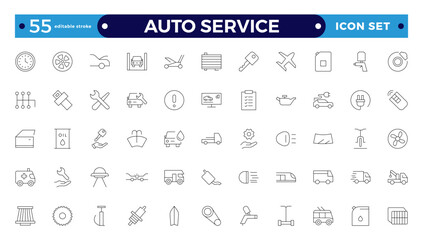 Auto service icon set. Car garage icons set. Auto service, tools, screwdriver, wrench, hammer, gear, car, repair, engine and more. Editable stroke outline icon. 