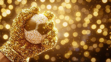 A golden glove holding a soccer ball, set against a sparkling bokeh background, perfect for sports celebrations and promotions.