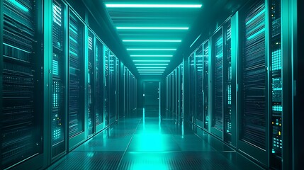 Fototapeta premium Server racks in a data center with bright green lighting.